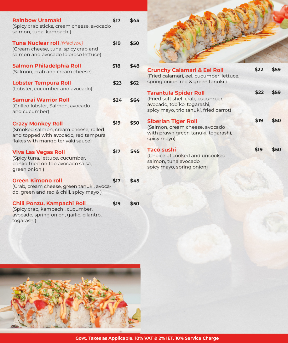 Specialty Sushi Rolls Menu